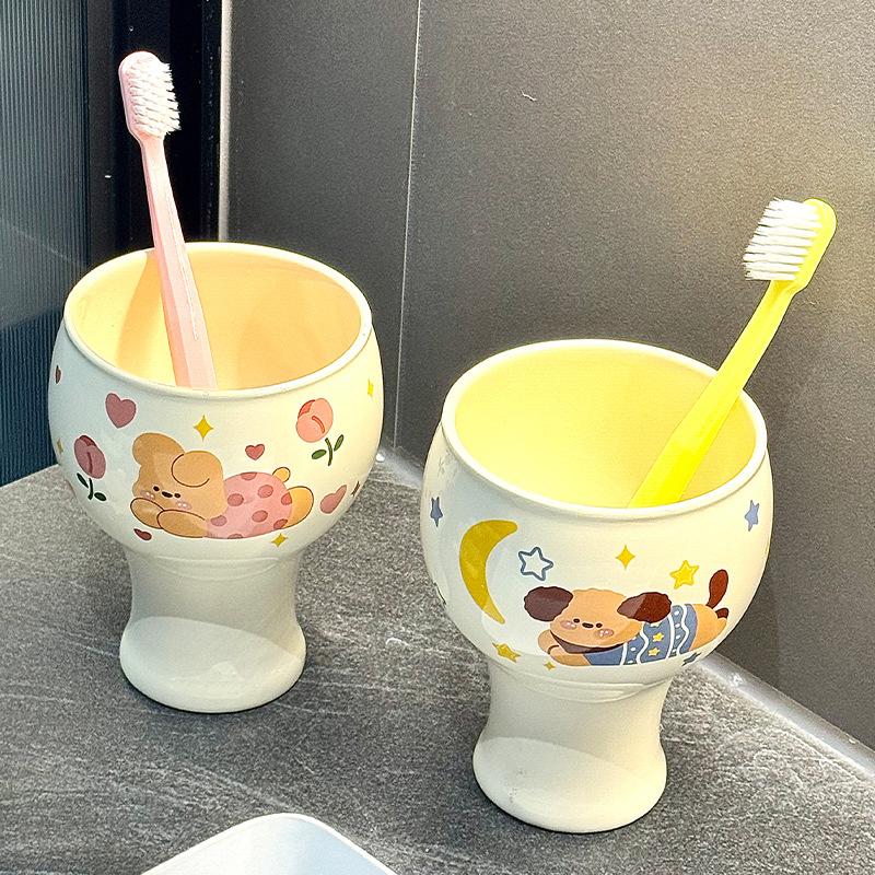 Cute dopamine puppy ceramic mouthwash cup bathroom couple washing cup high value brushing cup tooth set tooth tank