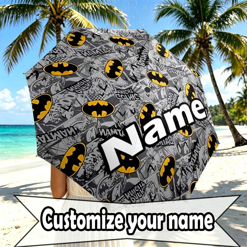 Custom Name Personalized Batman Print Umbrella, Auto Open Close, 8‑Rib Sturdy Frame, Commute Camping Hiking Use, Birthday Gift