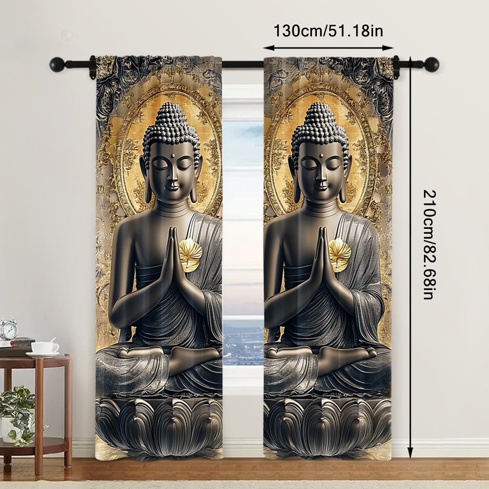 2Pc Buddha Printed Curtains Polyester Classic Style For Home Decor Window Treatment For Bedroom Office Kitchen Living Room And