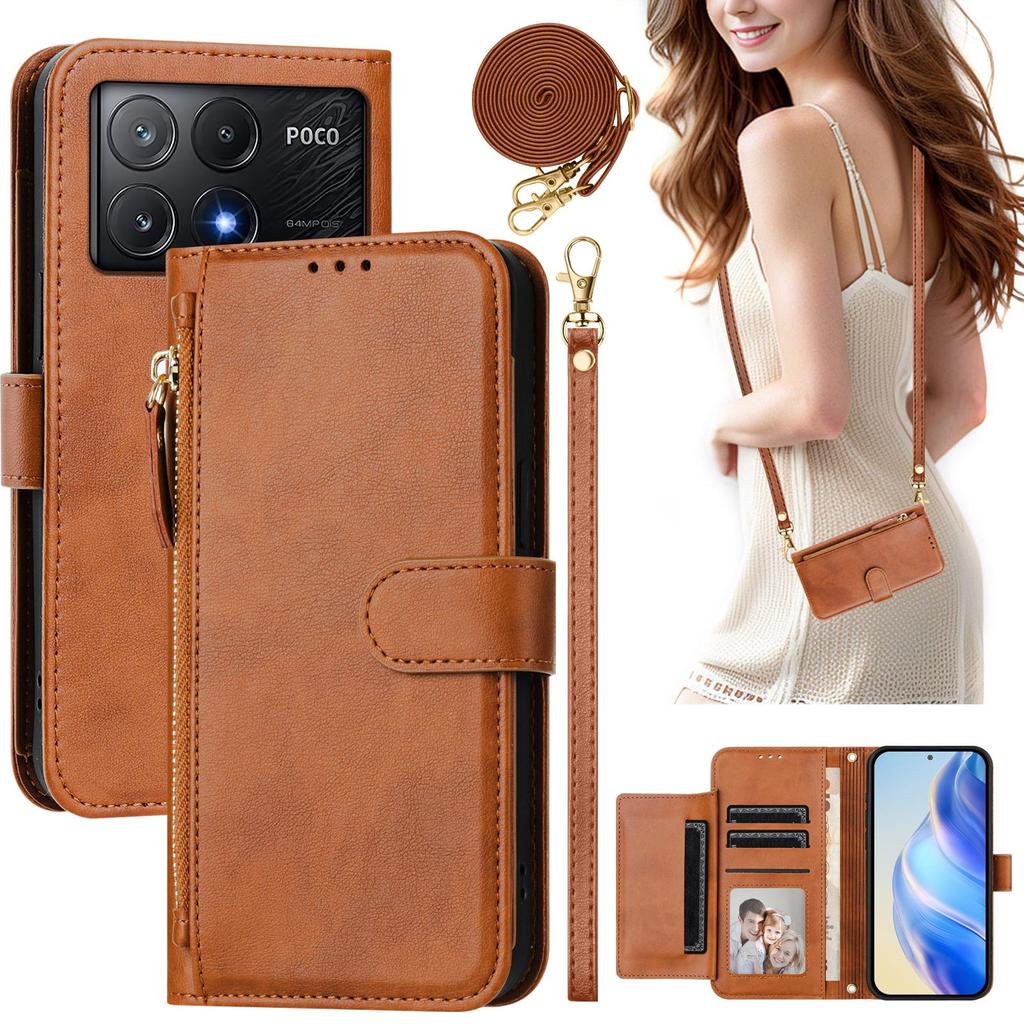 Кошелек-сумка через плечо на молнии с отделениями для карт, кожаный чехол для Xiaomi POCO X7 Pro X6 F7 Ultra, многофункциональная сумка, длинный ремешок, карман, подставка, крышка