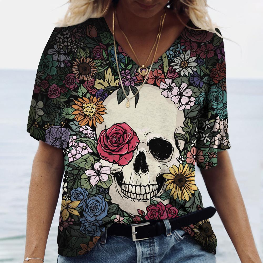 2022 New Women's T-shirts Skull Print Women's Short-sleeved Tops V-neck Pullover Streetwear Oversized T-shirts Summer Clothing