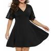 Fashion Women Plus Size Casual Solid V-Neck Short Sleeve Lace A-Line Swing Dress