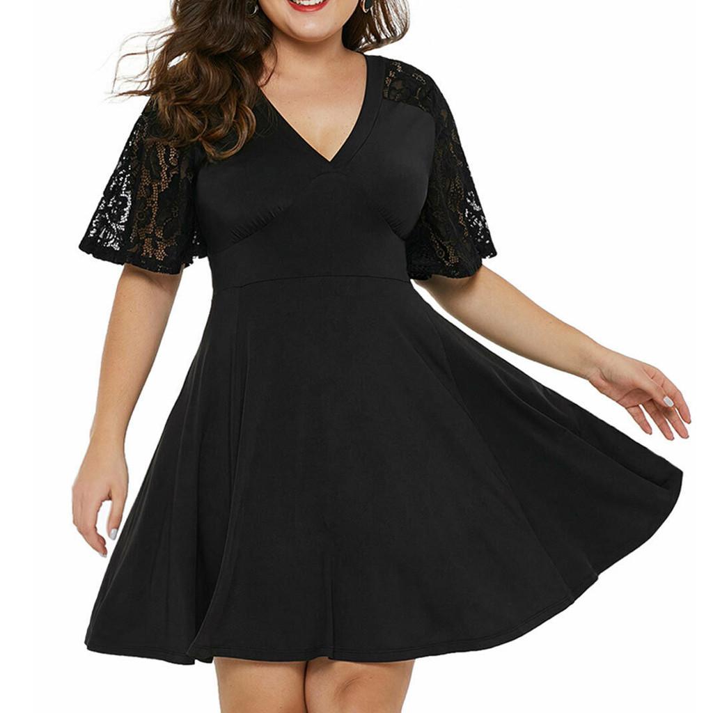 Fashion Women Plus Size Casual Solid V-Neck Short Sleeve Lace A-Line Swing Dress