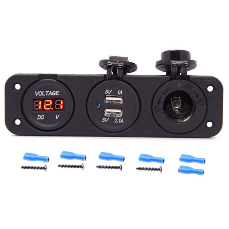 Автомобильные аксессуары - трехфункциональное зарядное устройство с двумя USB-портами + светодиодный вольтметр + панель розеток 12 В, перезаряжаемый адаптер питания, подходящий для аксессуаров для яхт и автомобилей