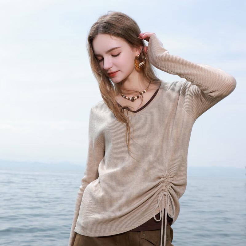 SanCai 2025 Autumn Fake Two-Piece V-Neck Knit Pullover