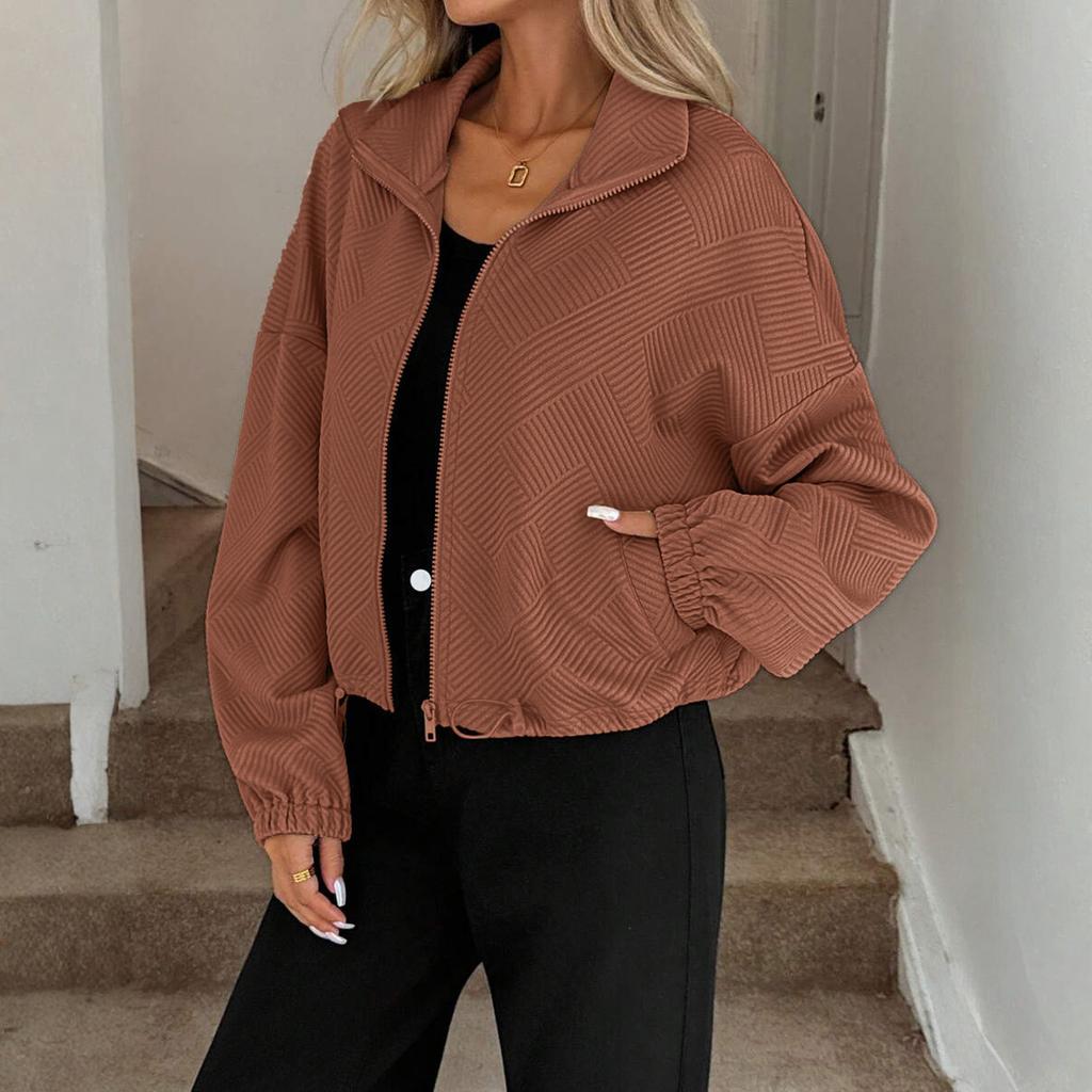 Women's Fashionable Solid Color Long Sleeved High Neck Zipper Hem Drawstring Pocket Loose Baseball Jacket