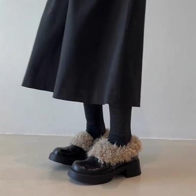 Версия из мягкой кожи~ Корейский бархат на толстой подошве пушистые короткие сапоги на высоком каблуке женские осенне-зимние коричневые сапоги 2025 новые хлопковые сапоги