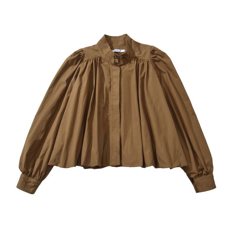 Счетчик То же Zbzr Осень Новые Женская одежда Западный стиль Мода Воротник-стойка Рукав-фонарик Дизайн со складками Чувство Топ