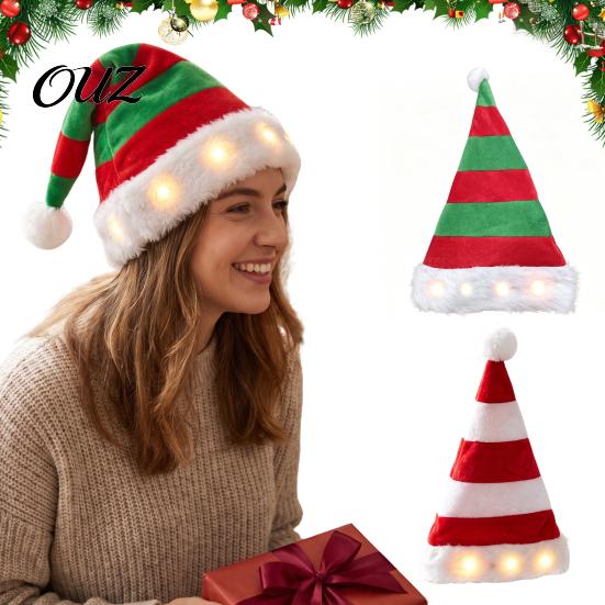 Universal Size Festive Hat Light Up Christmas Tree Hat, Striped Plush LED Party with Glowing Holiday Headwear Fur Trim, Cosplay Costume Accessory for