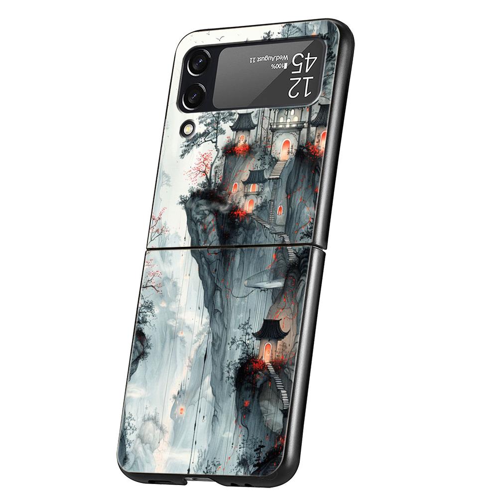 Chinese Style Landscape Hard PC Phone Case For Samsung Galaxy Z Flip 7 6 5 4 Black Cover For Galaxy Z Flip 3 Foldable Capas Bags