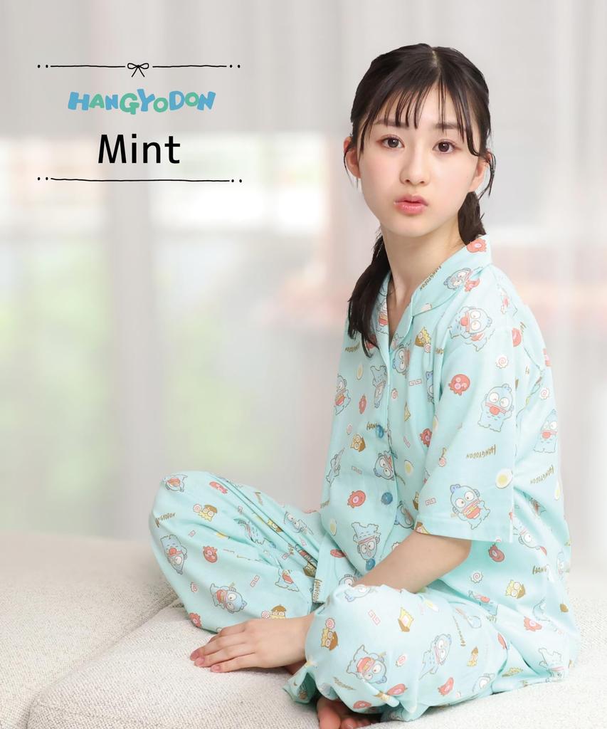 SAZAC Hangyodon Women's Cotton Jersey Pajama Set with Short Sleeves and Pants (Mint/L/SAN1807)
