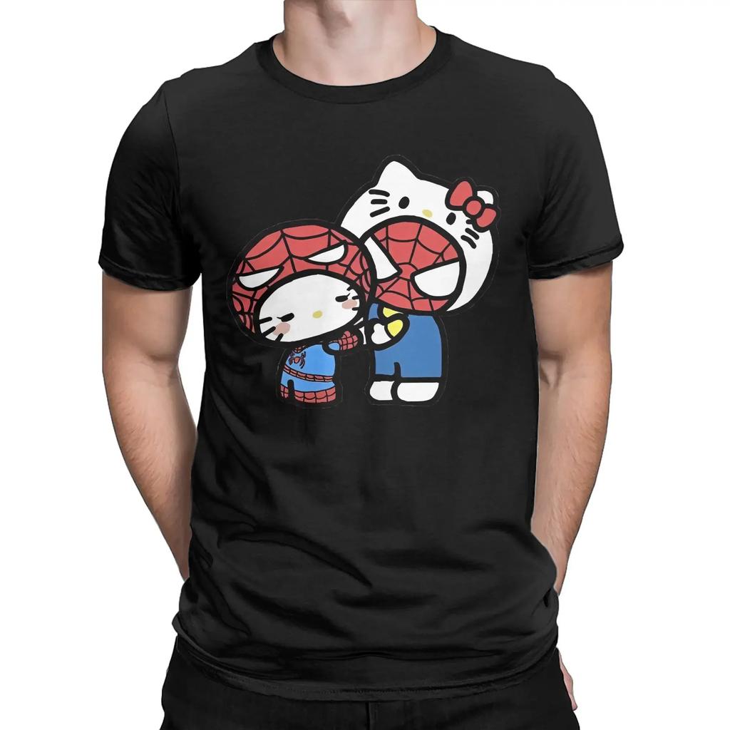 Hello Kitty Spiderman Boyfriend Girlfriend T-Shirt Men's Cotton Clothes Print  Round Neck Short Sleeve#Color