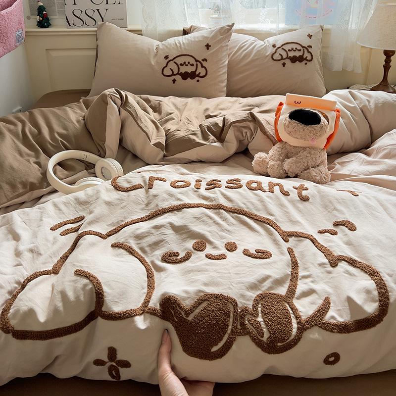 Cartoon Animal Embroidery Bedding Set For Adults Kids Cute Flat Fitted Sheet With Pillowcases Washed Cotton Colorful Full Size