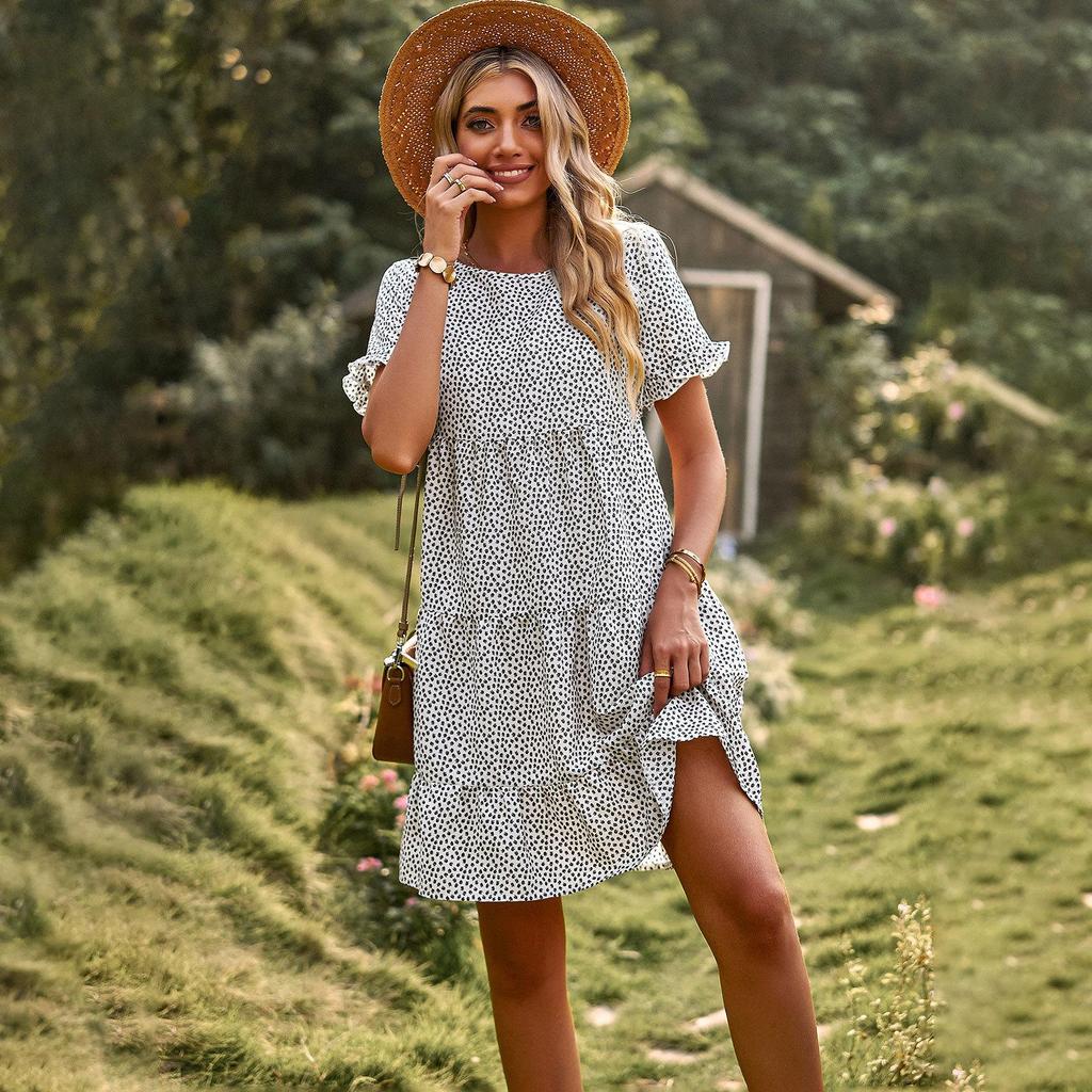 Spring Summer O Neck Short Sleeve Temperament Pastoral A Line Print Dresse