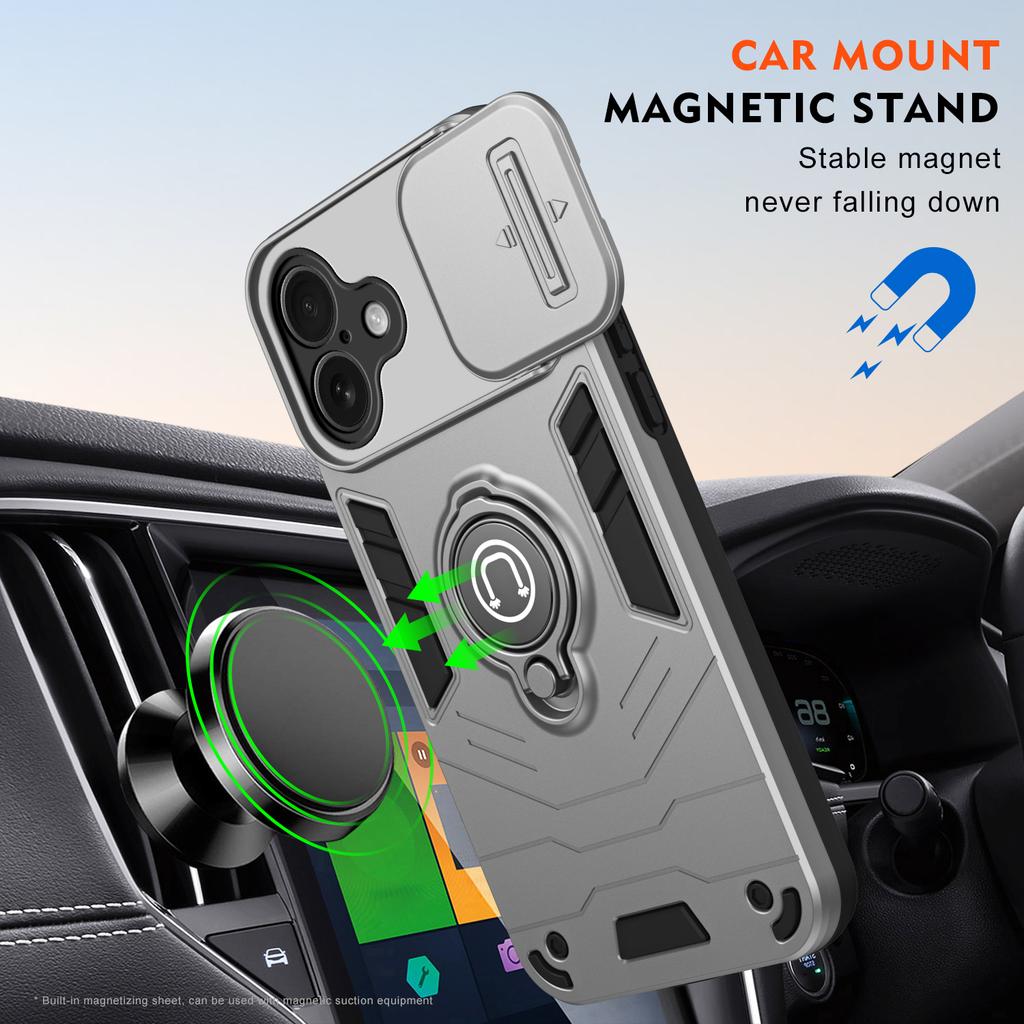 For iPhone 16 Plus Case Slide Camshield Kickstand PC+TPU Phone Cover