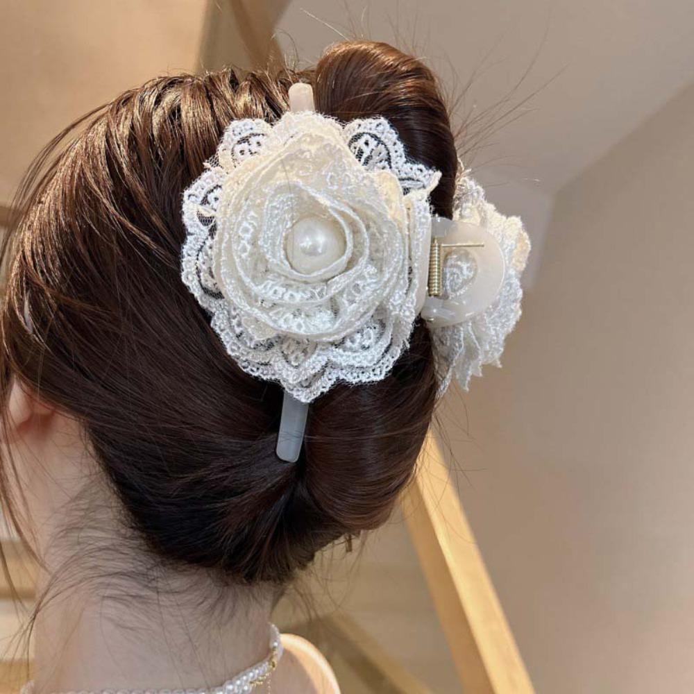 Pearl Korean Flower Hairpins Camellia Lace Wedding Hair Clip Retro Flower Hair Claw Vacation