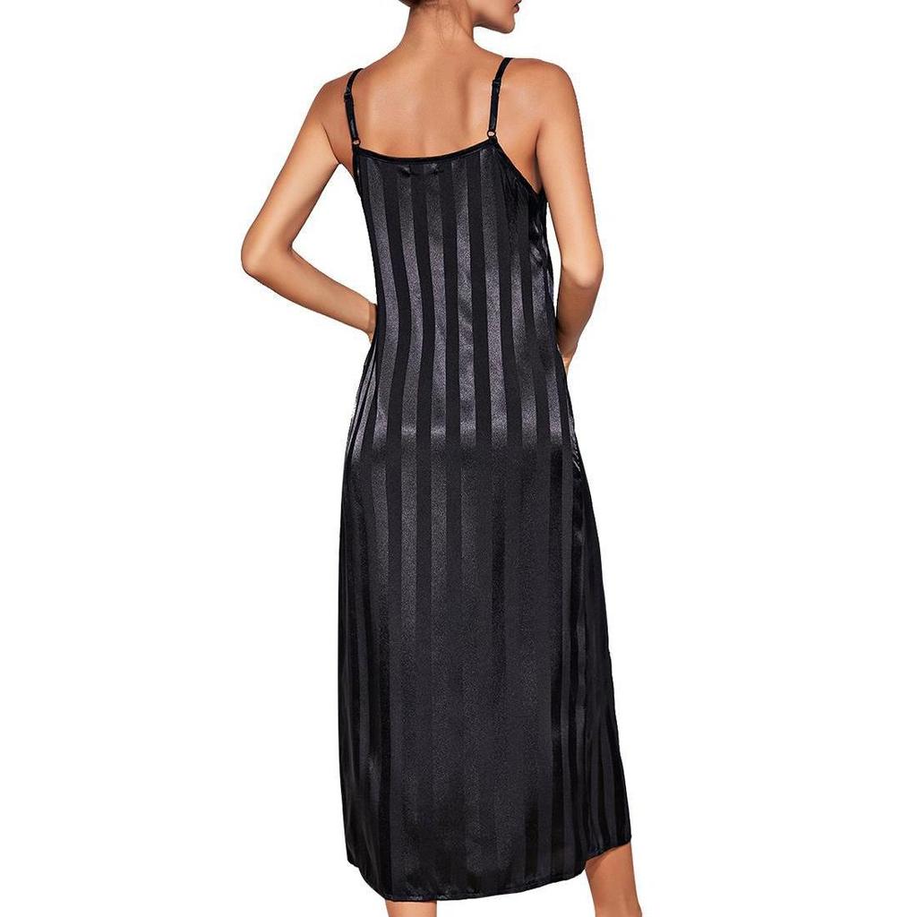 Women’s Nightgown Slip Night Dress 2 Pieces Set Satin Stripe Pajamas Dressing Gown Robe Sleepwear Home Wear Spring Autumn Sleep Lounge Clothes