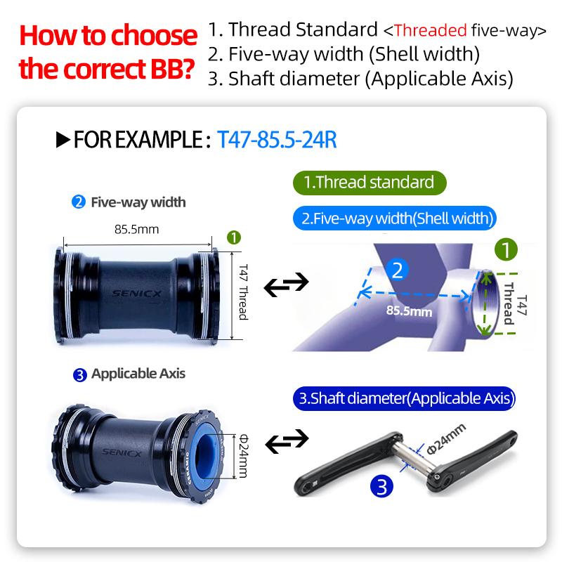 SENICX T47 Thread Bottom Bracket Ceramic Bike Central Shaft Fit for Shimano / SRAM GXP Road Gravel Bike Hollow Crank Axis 24mm