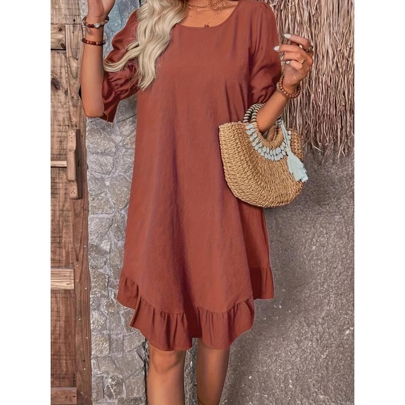Solid Color Half Sleeve Dress, Casual Crew Neck Dress For Spring, Women's Clothing