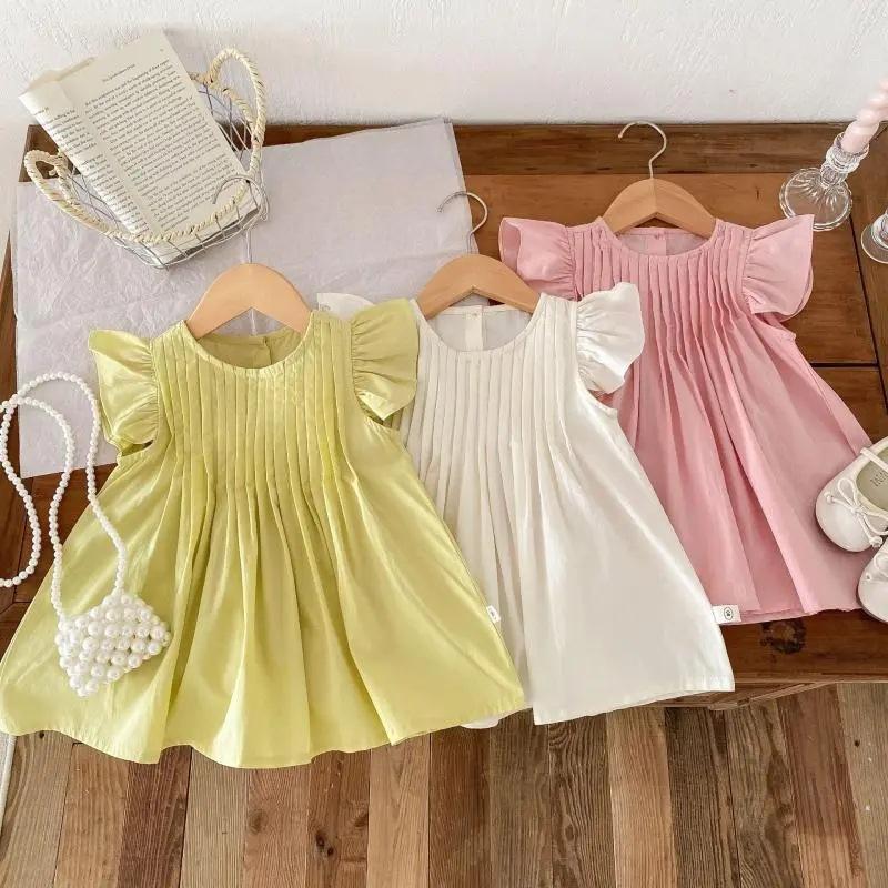 Платье принцессы для девочек, лето 2024, детская одежда, однотонные модные платья, детские хлопковые платья