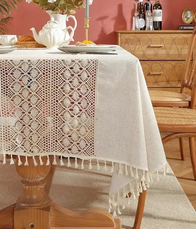 Скатерть из хлопка и льна с кисточками, легкая, роскошная, кружевная, крючком, скатерть для вечеринки, свадьбы, фоновая ткань с кисточками, рождественские украшения