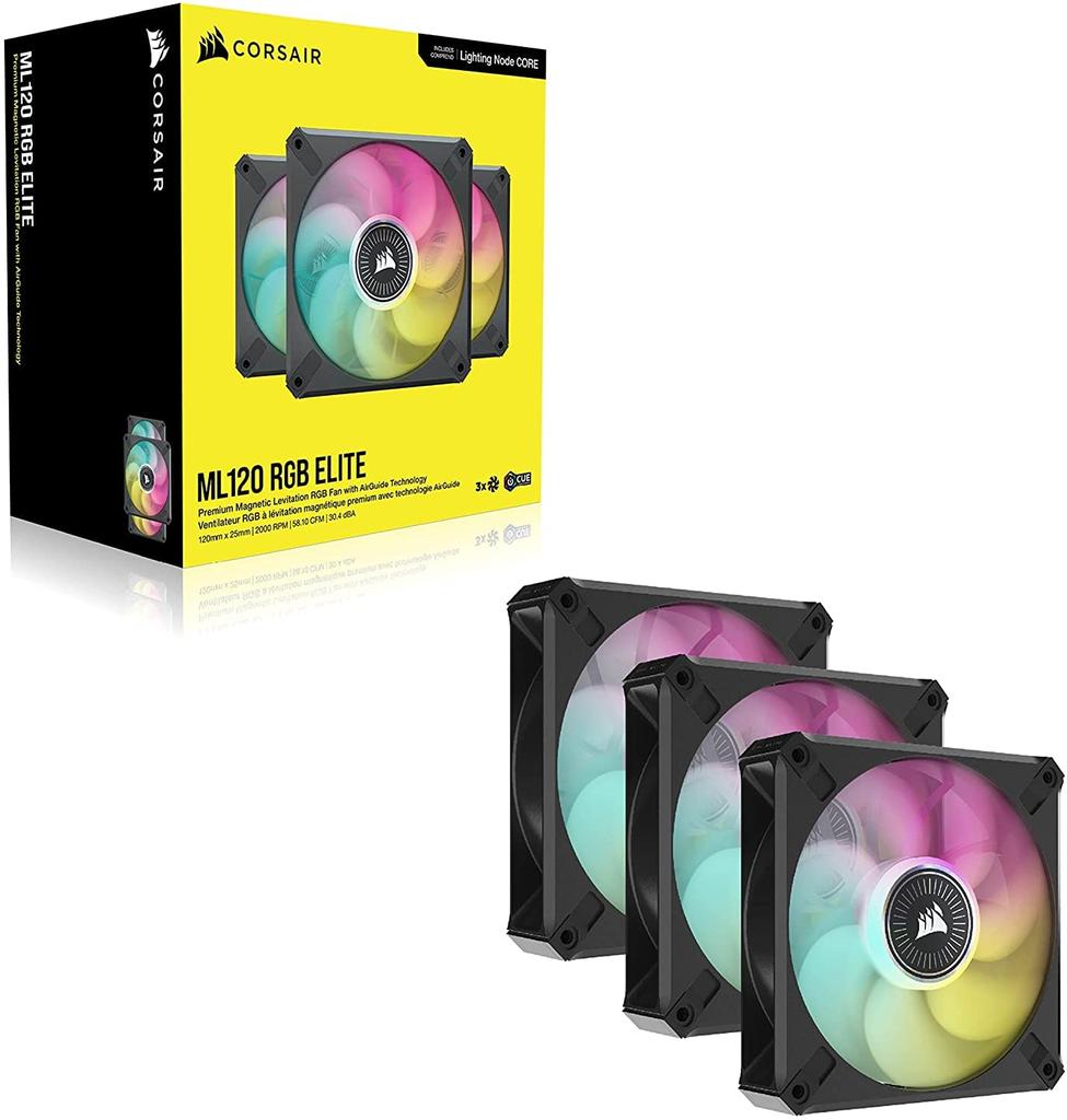 CORSAIR ML120 RGB 120mm Magnetic Levitation RGB Fan with Lighting Node ELITE, AirGuide, 3-Pack CO-9050112-WW (Includes CORE)