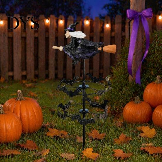 Spooky Seasonal Yard Accents Witch Garden Wind Spinner, Halloween Resin Statue Stake, Bats Weather Resistant Lawn Art And Spinner for Outdoor Pathway