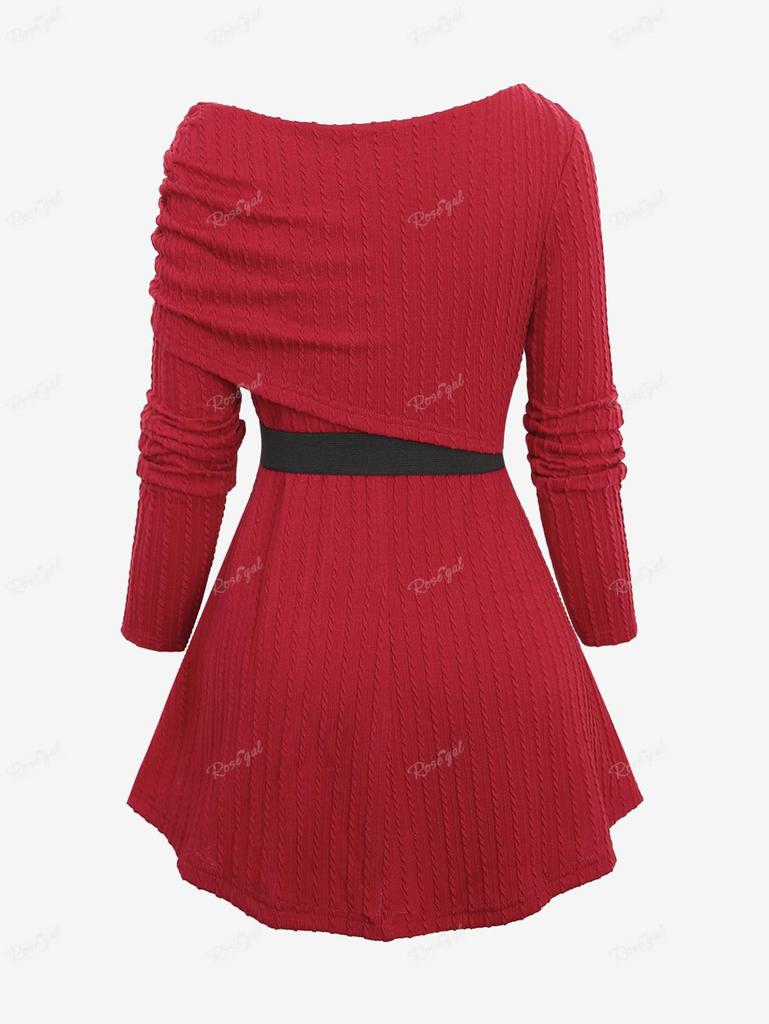 Rosegal Plus Size Одно плечо Текстурированный ребристый присборенный однотонный трикотажный топ с длинными рукавами и съемной цепочкой и пряжкой в виде сердца на поясе