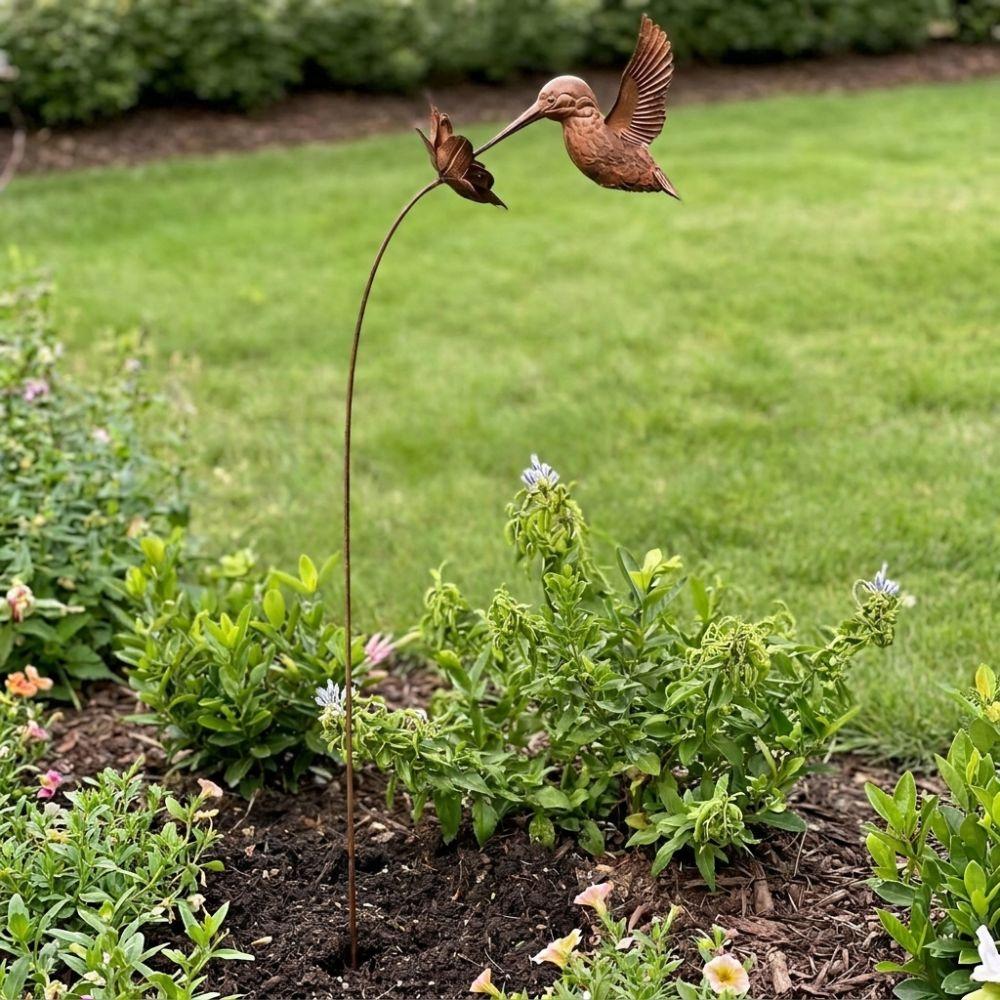 Vintage Hummingbird Garden Stake Metal Bird Flowers Artworks Garden Decorations Backyard Accent