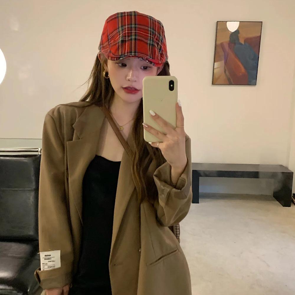 Ретро Клетчатый Берет Короткий Козырек Тканевая Шляпа Художника Повседневная Британская Шляпа Вперед Вечеринка