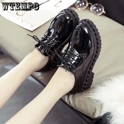 Черные женские лоферы из лакированной кожи со шнуровкой на толстой подошве, повседневные туфли Мэри Джейн для поездок на работу в стиле Харадзюку, ретро в английском стиле