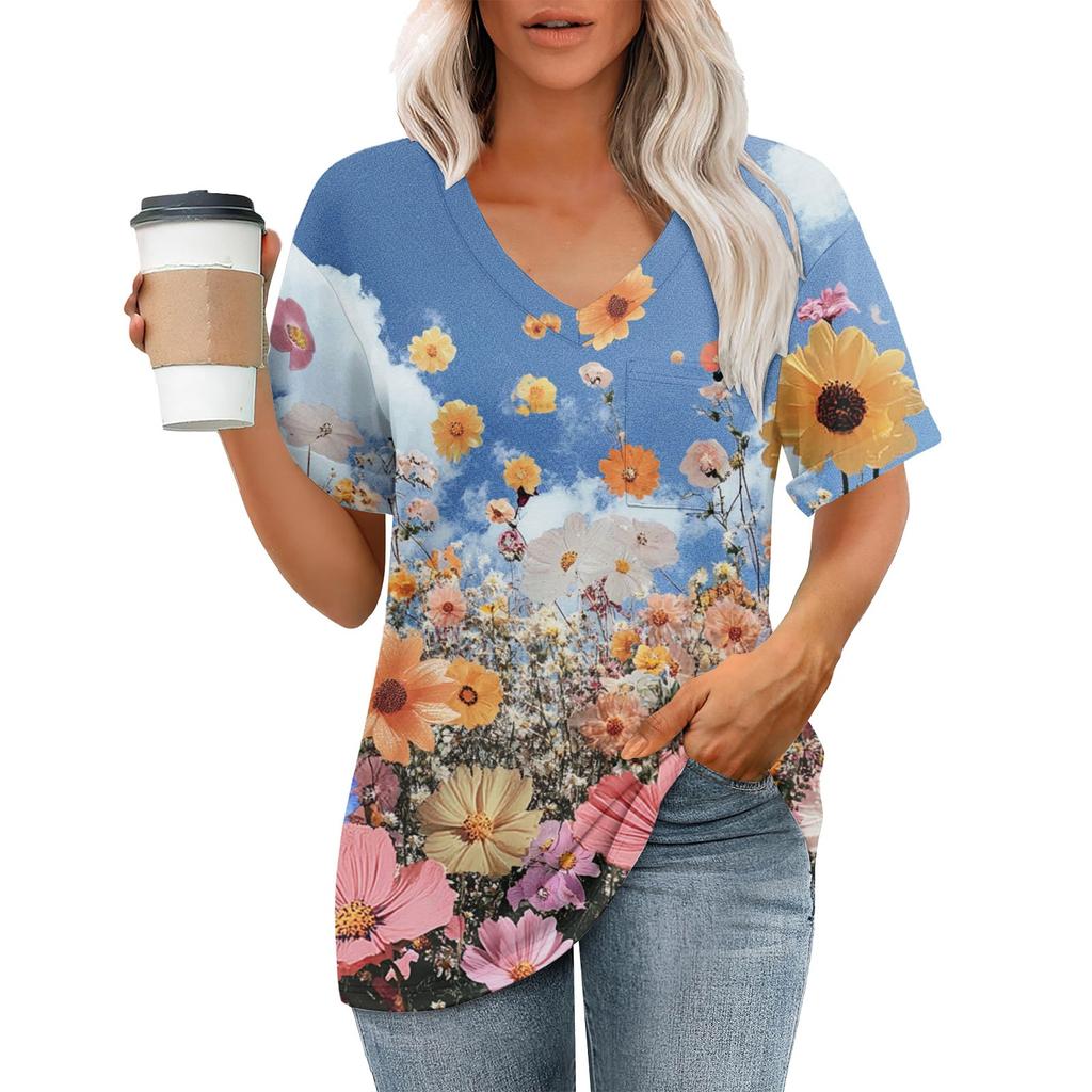 Women's Fashion Pocket V-neck Short Sleeve Plant Floral Print T-shirt Top
