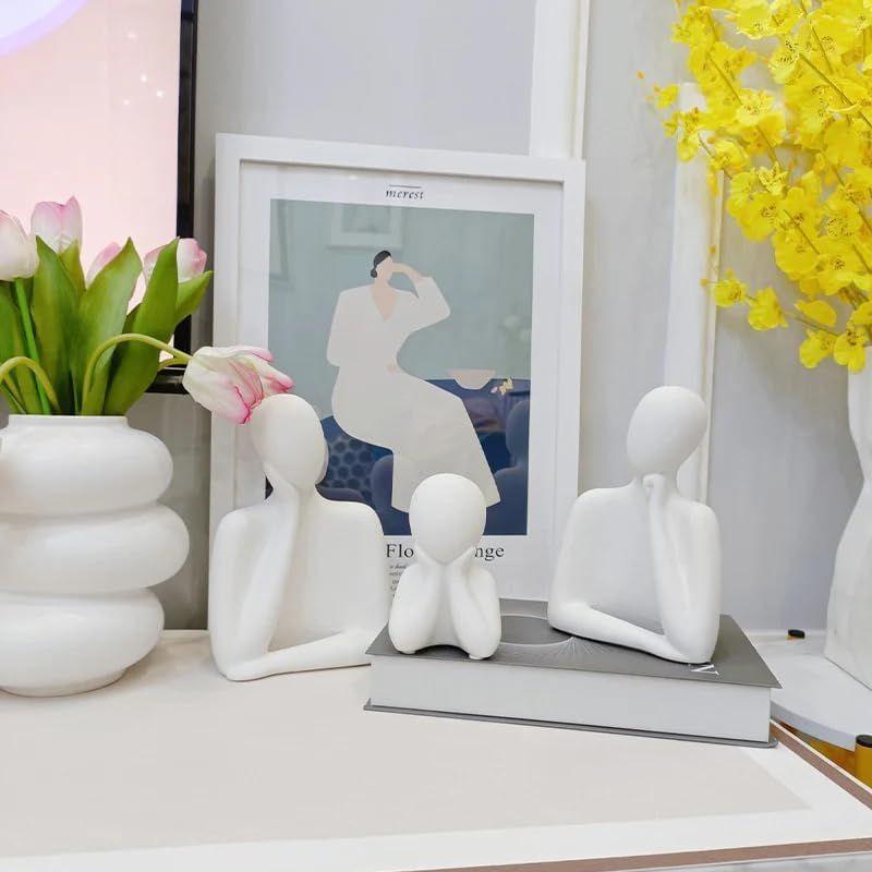 Couple Family Statue | Ceramic Thinker Sculpture | Home Decor Items for Living Room Show Piece | Table Artifact (White | Set of 3)