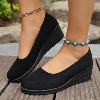 Весна и Осень однотонные толстая подошва легкий подъем удобные замшевые мягкая подошва танкетка круглый носок туфли одинарные большого размера женская обувь