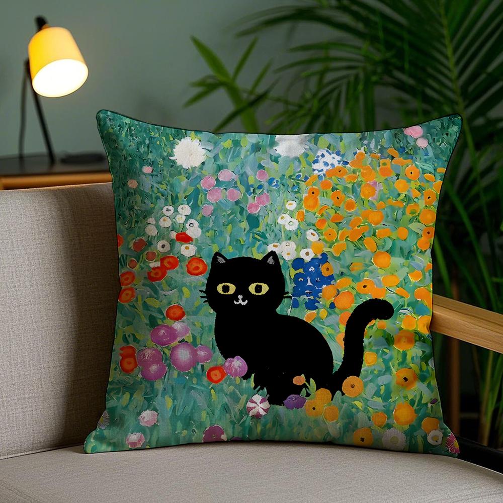 Cute Black Cat Oil Painting Cushion Cover Plush Fabric DoubleSided Printed Invisible Zipper Sofa Pillow Case Home Bedroom Decor