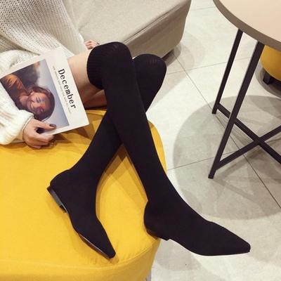 Зимние ботинки на плоской подошве, вязаные из шерсти, женские носки, остроносые, эластичные, на толстом каблуке, женские ботинки-мартины