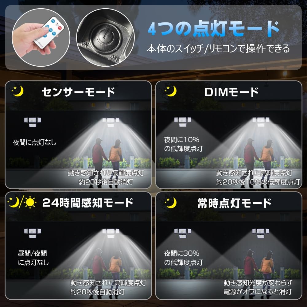 Solar Sensor Light, IndoorOutdoor, Separate, 4-Sided Lighting, 360° Adjustable Angle, 4 Modes, 3000 Lumens, 5M Cable, IP65 Waterproof, Automatic