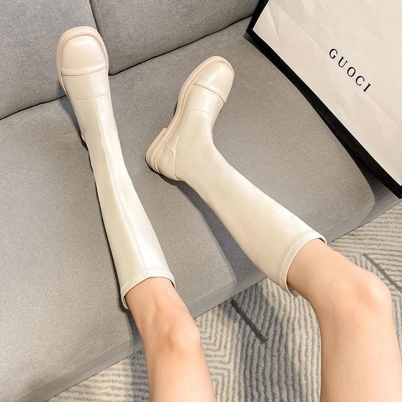 2021 Autumn and Winter New White Boots Women's Flat Boots But Knee Boots Thin Boots Knight Boots Thin Tall Boots