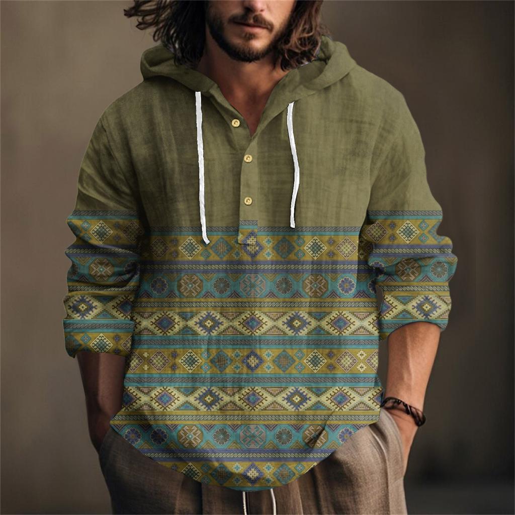 Printed Men's Cotton And Linen Shirt Hooded Long-sleeved Hooded Spring And Summer Casual Daily Wear