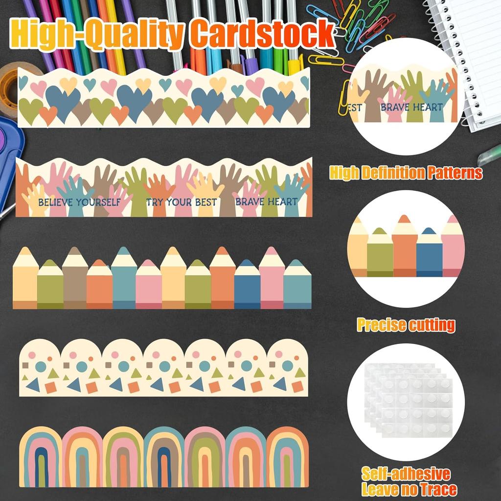 Bulletin Board Borders Classroom, Boho Board Stickers Colorful Heart Rainbow Bulletin Board Scalloped Decorations for Blackboard, Chalkboard, Walls,