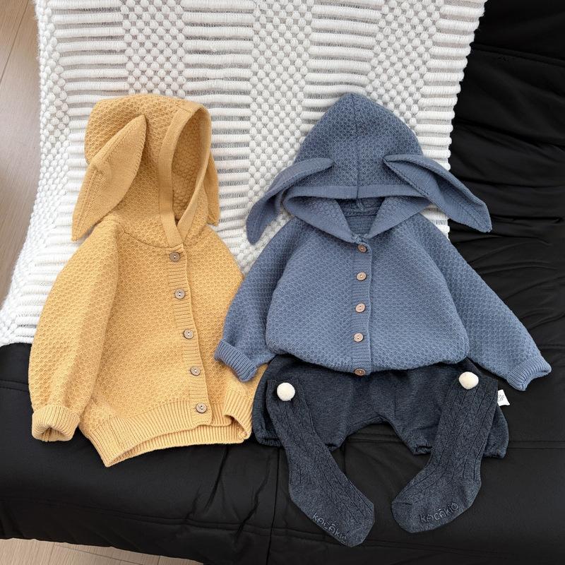 Super Cute Baby Cute Rabbit Ears Hooded Knitted Sweater Autumn New Baby Soft Waxy Hollow Sweater Korean Coat