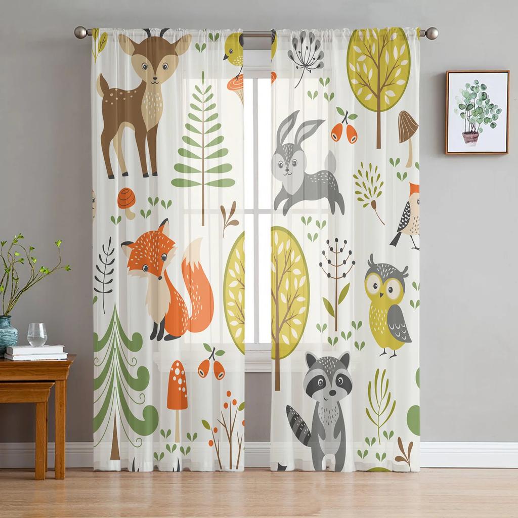 Jungle Forest Cartoon Animal Lion Elephant Tulle Sheer Curtains for Living Room Bedroom Window Curtain Voile Organza Drapes