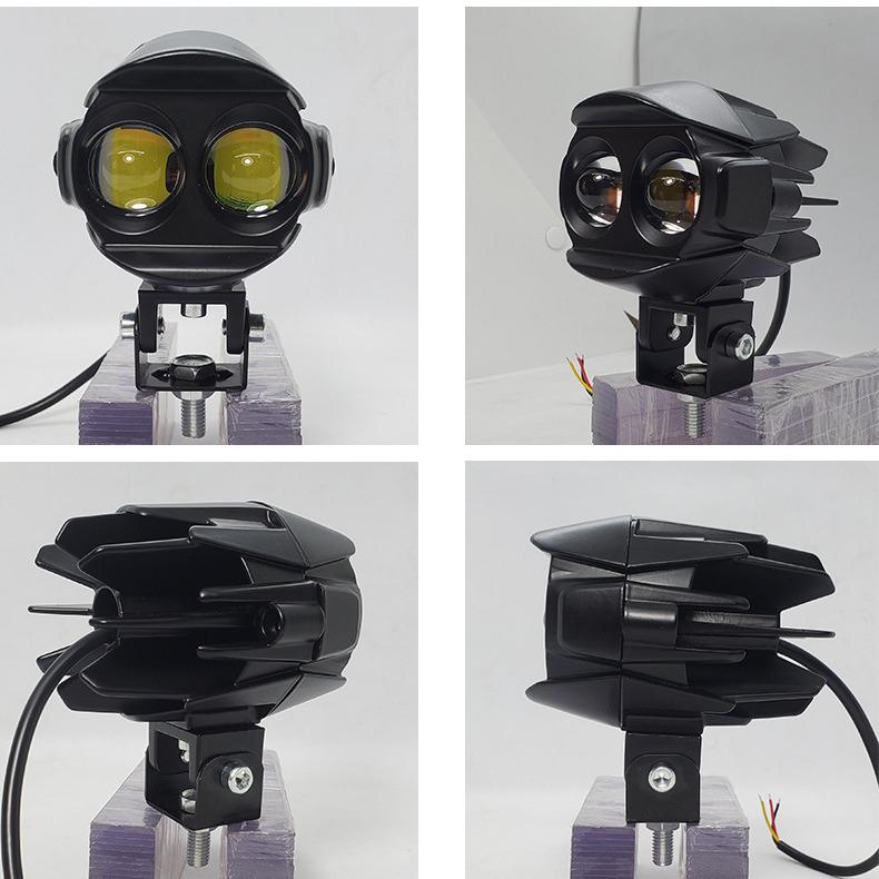 Motorcycle LED Spotlight Yellow-White Light: Super Bright Auxiliary Mini Driving Headlight for Electric Vehicles.