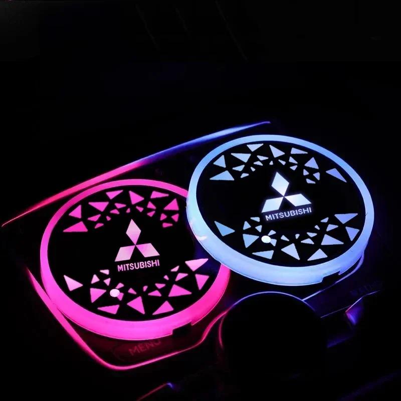 lcbk8 LED 7 Colors Car Coaster Light Water Cup Drinks Holder Mat For Mitsubishi ASX Galant Mirage L200 EVO Triton Pajero Outlander