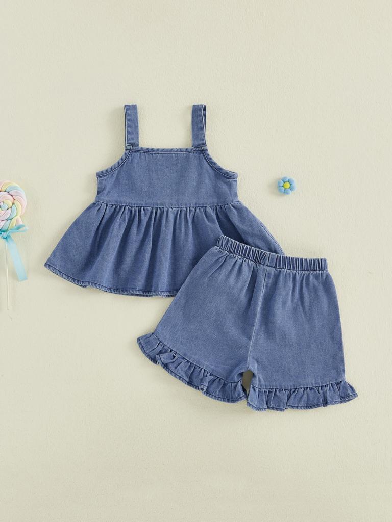Adorable Infant Girl Floral Denim Ensemble with Sleeveless Babydoll Top and Ruffle Shorts for a Stylish Summer Look