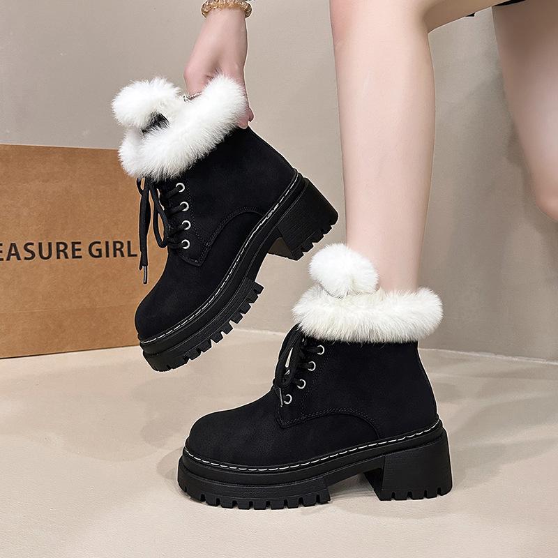 Модные меховые женские ботильоны для снега на каблуке, хлопковая обувь, зима 2025, женские теплые короткие плюшевые ботинки челси, повседневные женские ботильоны
