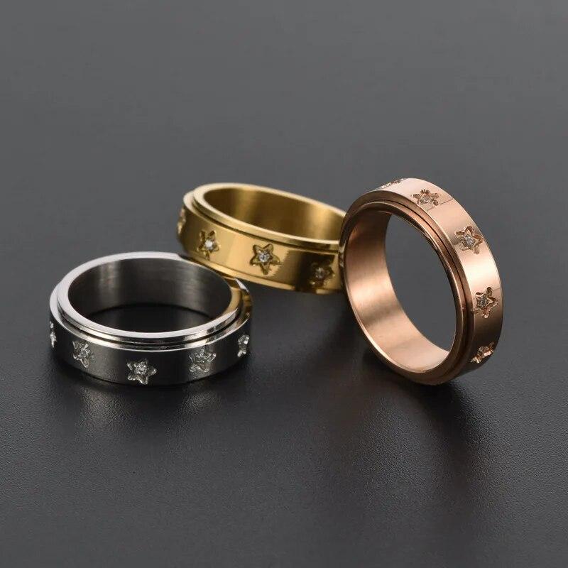Rotatable Stainless Steel Spinner Fidget Anxiety Ring For Women Men Retro Star Evil Eye Rings for Stress Relieving