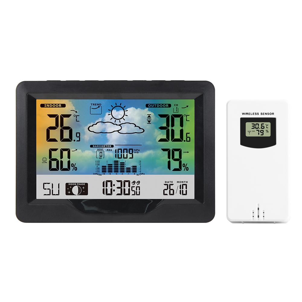 Wireless Weather Station Indoor Outdoor Color Screen Weather Forecast Station with Outdoor Sensor Digital Temperature and Humidity Gauge with Alarm C