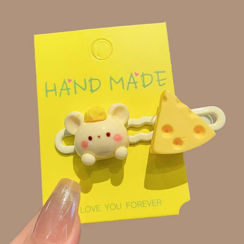 Мультяшная молочно-желтая заколка для волос с сыром и мышкой, женская милая и свежая универсальная челка на лбу для девочек, сломанная заколка для волос, головной убор