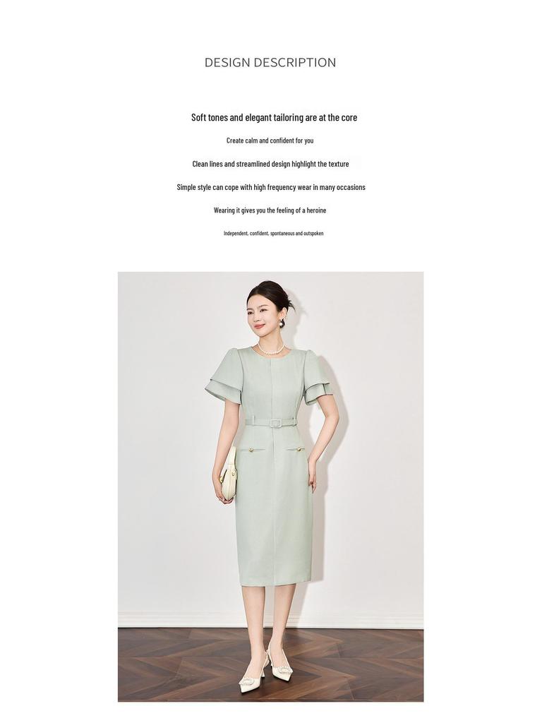 French-Inspired Waist-Cinching Ruffle Sleeve Dress